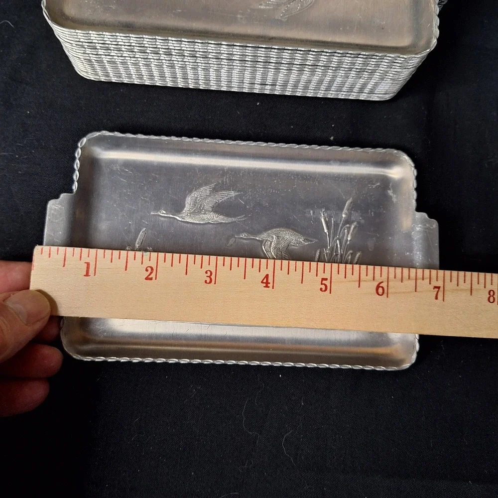 Vintage Aluminum Duck Mallard Flying Marsh Tip Trays Set of 20 Scalloped‎ Edge
